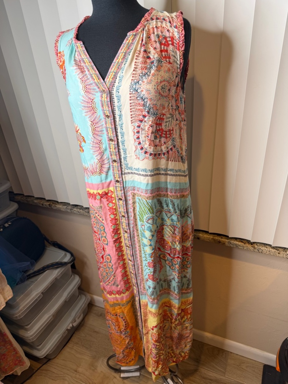 Hale Bob Sleeveless Patchwork Maxi Dress in Turquoise and Coral Size Medium - Picture 2 of 6